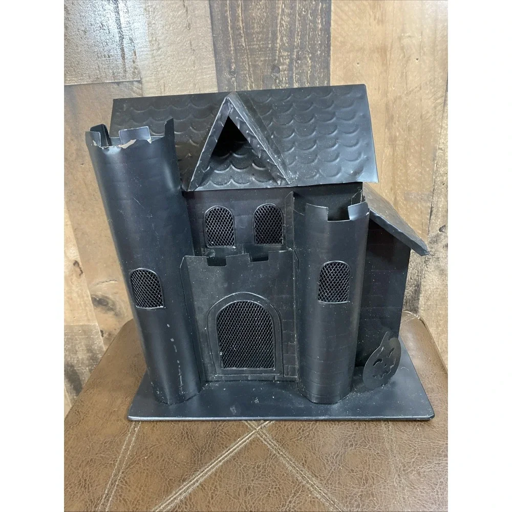 Halloween HAUNTED HOUSE Castle Tea Light Holder Black Metal Tin 12.5x9.5x12